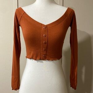 Forever 21 Orange Off-the-shoulder Lettuce-edge Long Sleeve Crop top, Size Small